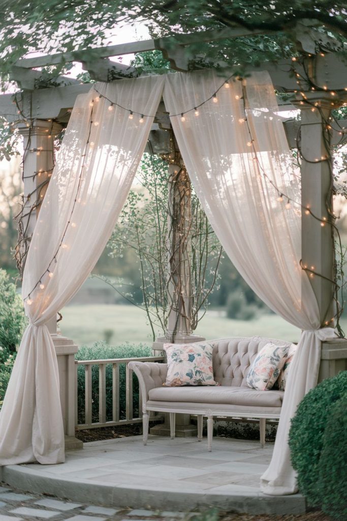 A cozy outdoor pergola with flowing white curtains, fairy lights and an upholstered bench with floral cushions surrounded by lush greenery.