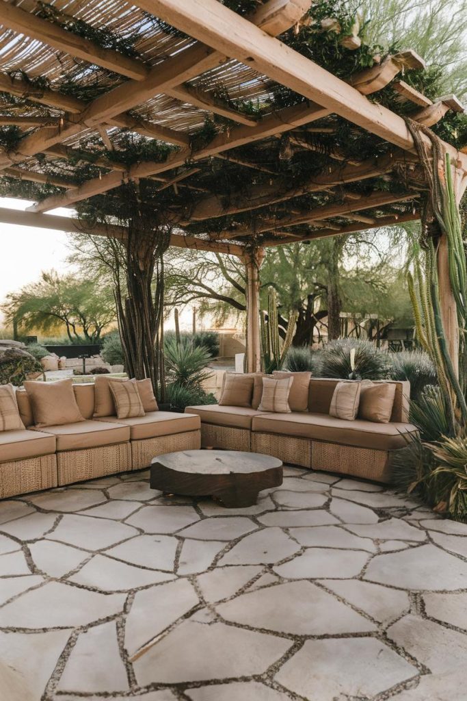 Outdoor patio with stone flooring, wooden pergola and beige upholstered seating. Surrounded by desert plants and a low wooden table in the middle.