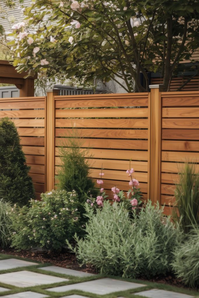 A wooden fence with horizontal slats is surrounded by various green plants and pink flowers and stands in the shade of a large tree. In the foreground, gray paving stones form a path.