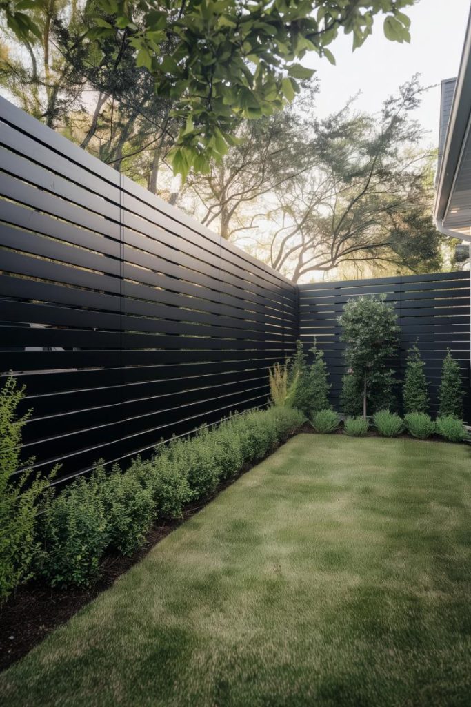 A small backyard garden with a neatly trimmed lawn surrounded by tall black fence panels and lined with various green shrubs and small trees.