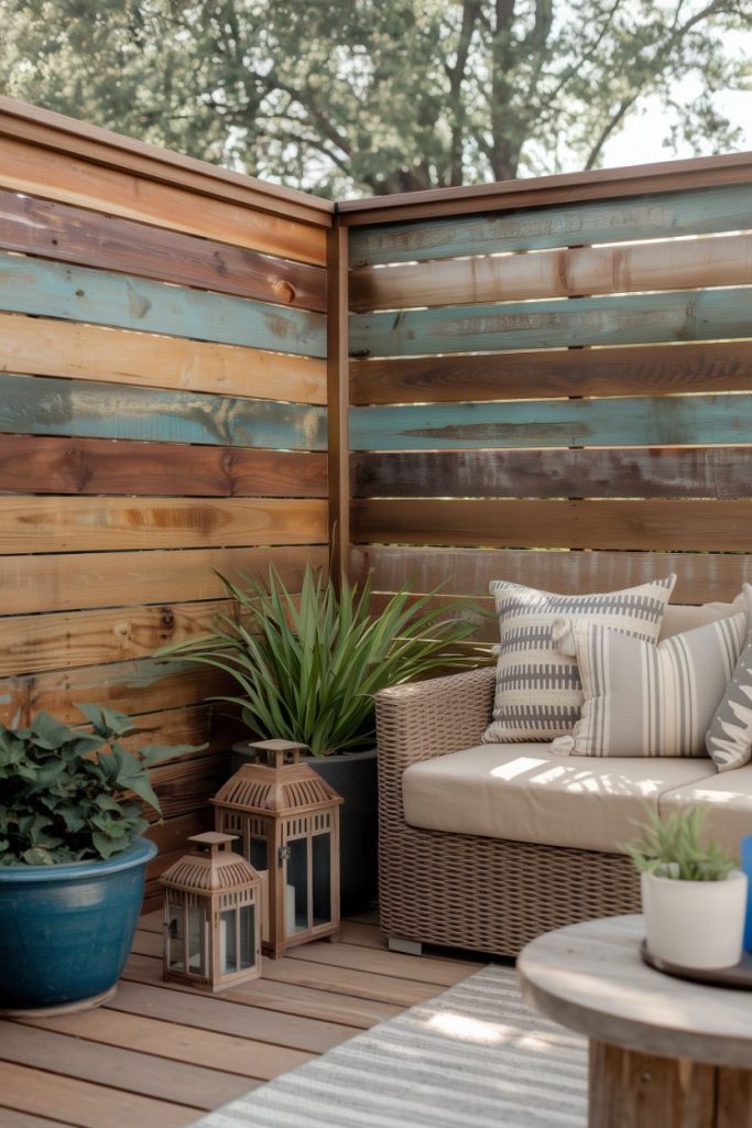 Corner patio with wicker sofa, striped cushions, potted plants, wooden table and decorative lanterns in front of a colorful wooden fence.