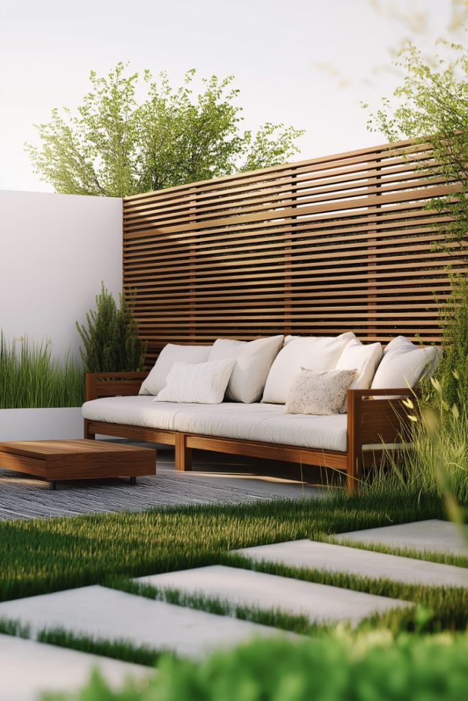 Modern outdoor patio with a wooden bench, white cushions, a low wooden table and a wooden picket fence surrounded by greenery and grass stepping stones.