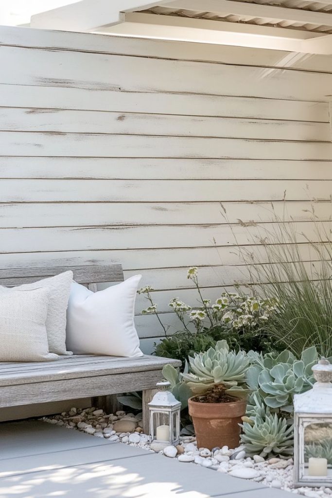 Outdoor patio with a wooden bench, white cushions, potted succulents, decorative lanterns and greenery in front of a white slatted wall.