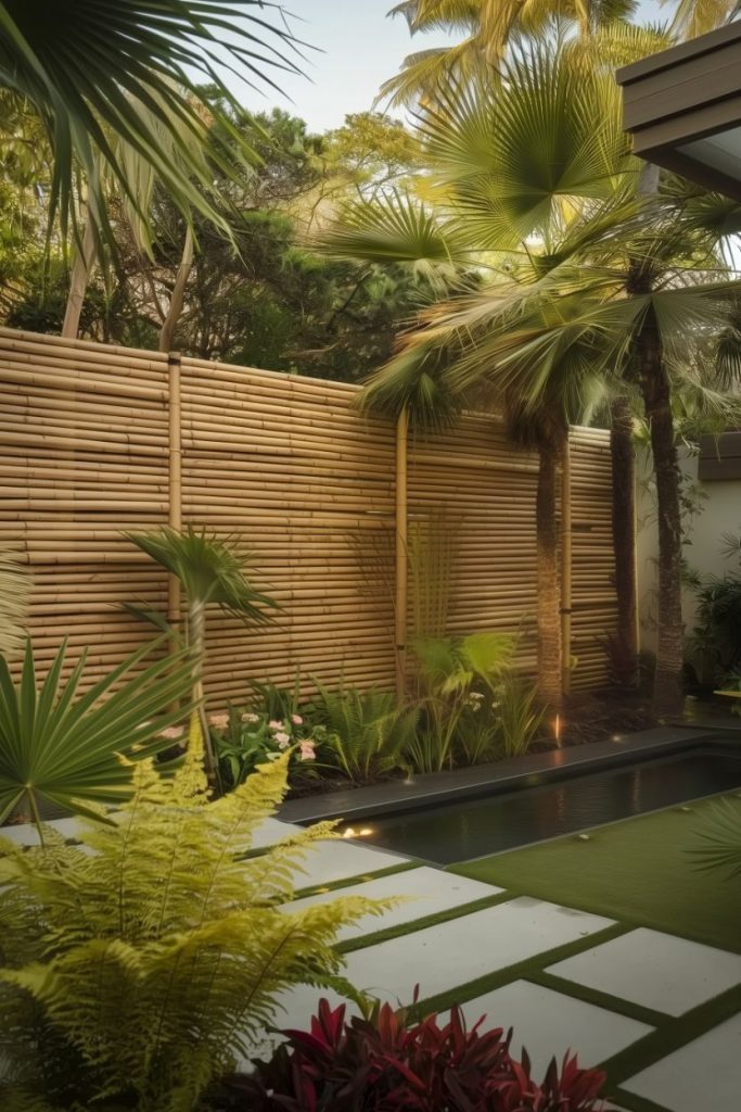 A tranquil garden with bamboo fencing, palm trees and tropical plants surrounding a narrow water feature on a stone and grass patio.