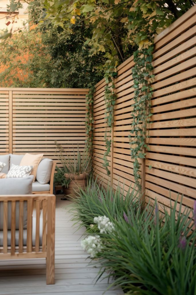 Wooden patio with picket fence, gray upholstered seating and greenery, including climbing plants and tall grasses, beneath deciduous trees.