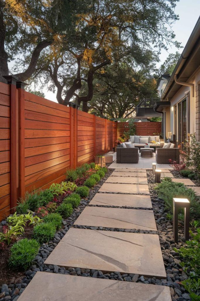 A modern backyard features a stone path surrounded by plants, wooden fences, and patio furniture under large trees. Warm lights illuminate the path.