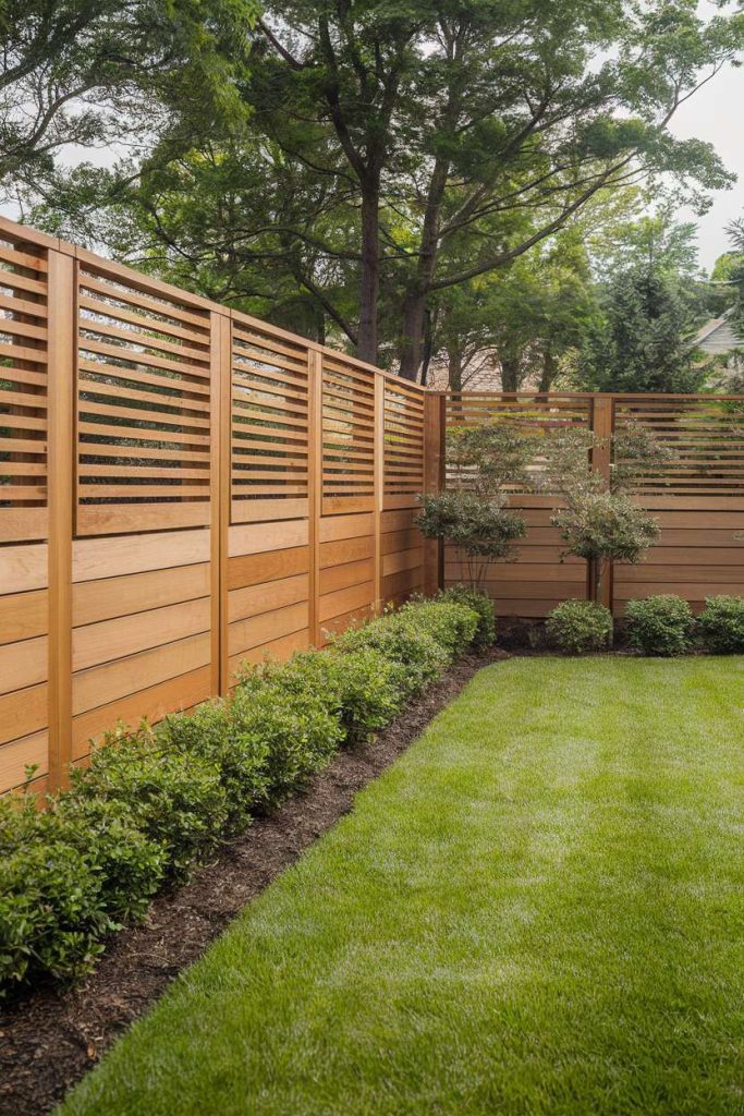 A wooden fence with horizontal slats encloses a garden with trimmed bushes and a manicured lawn surrounded by tall trees.