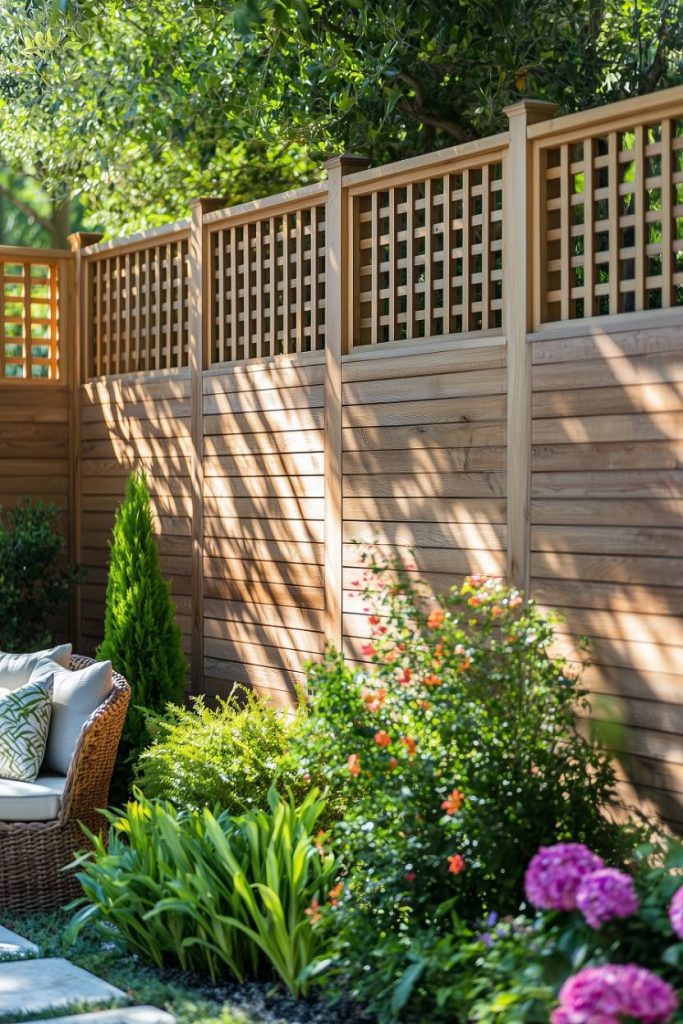 A wooden privacy fence with lattice tops surrounded by lush plants and flowers stands next to a wicker chair with cushions in a sunny garden.