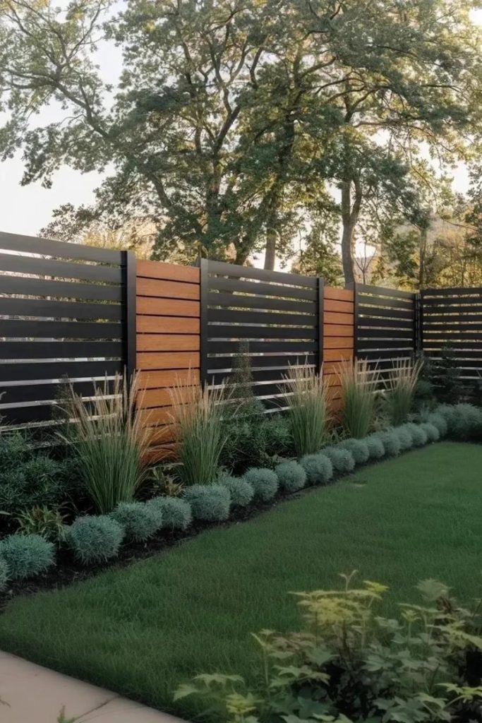 A garden with neatly cut grass, decorative plants and a modern wooden and metal fence. Trees can be seen in the background.