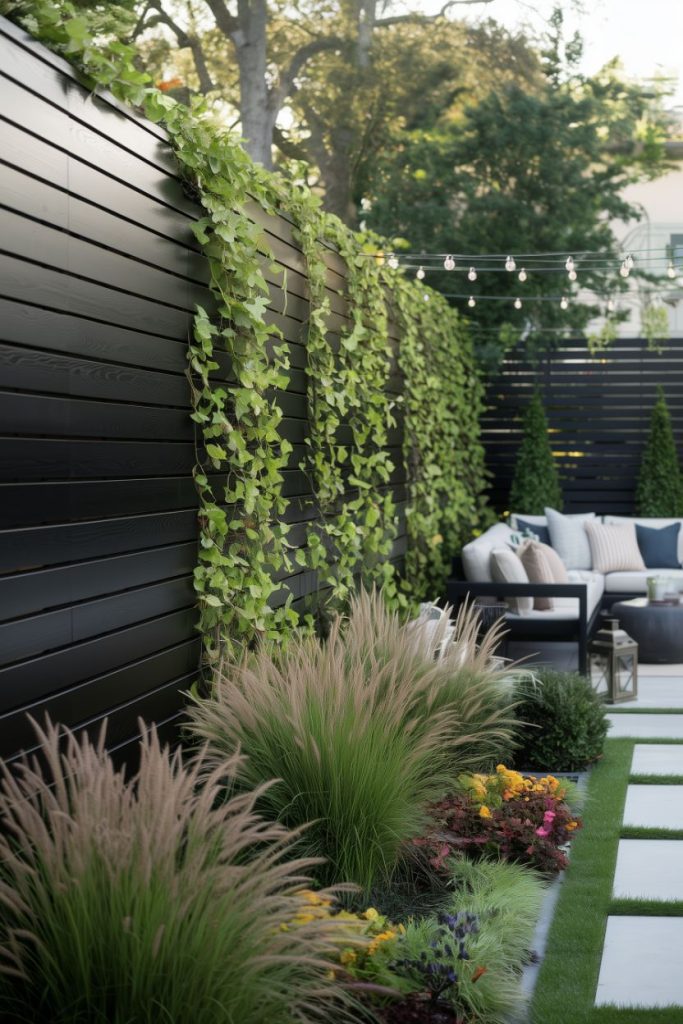 Modern backyard with a black picket fence full of vines, a seating area with pillows, ornamental grasses, colorful flowers and fairy lights above.