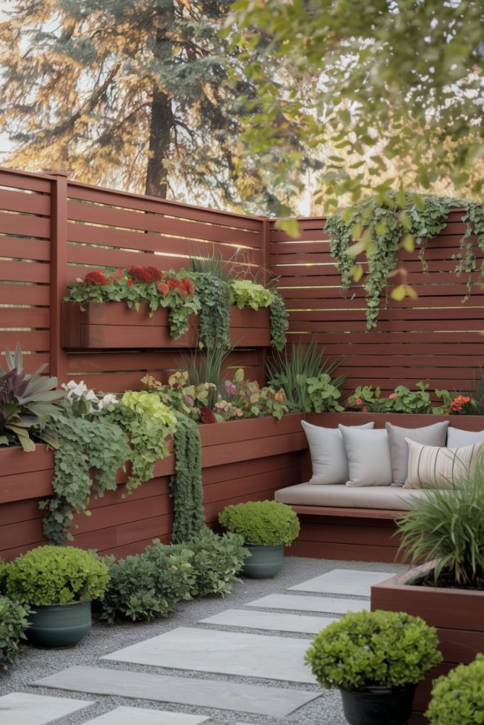 A cozy backyard patio with wooden fence, lush green plants and bright flowers. A cushioned seating area is surrounded by potted plants and a cobbled stone path.