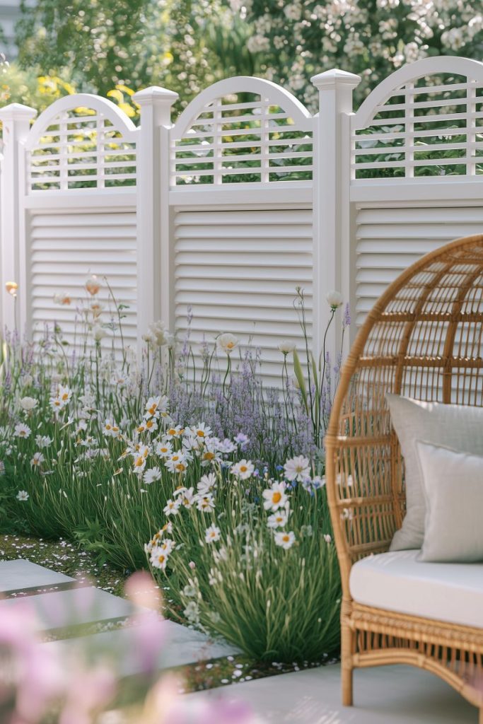 A wicker chair sits next to a white fence with flowers and greenery in front of it, including daisies and lavender.