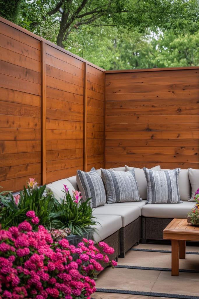 Outdoor patio with beige sofa set, striped cushions, wooden table, bright pink flowers and high wooden fence surrounded by greenery.