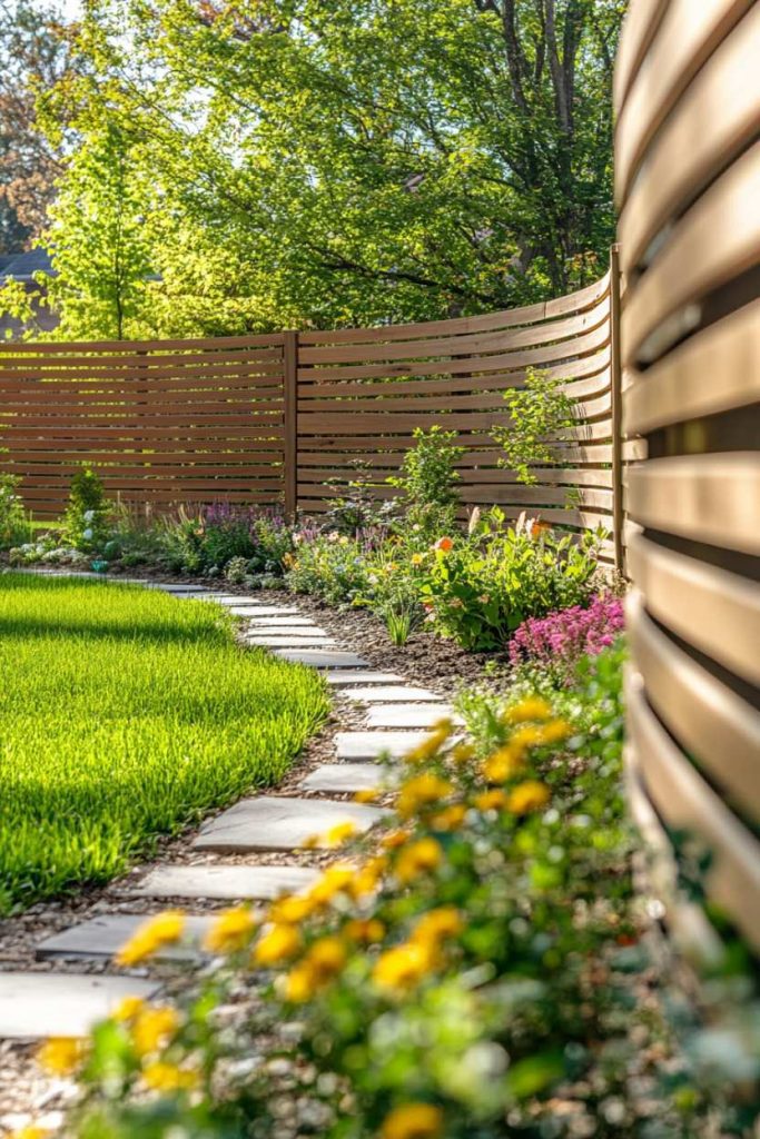 Curved wooden fence, lush green lawn, stepping stone path and colorful flowerbeds in a sunlit garden.