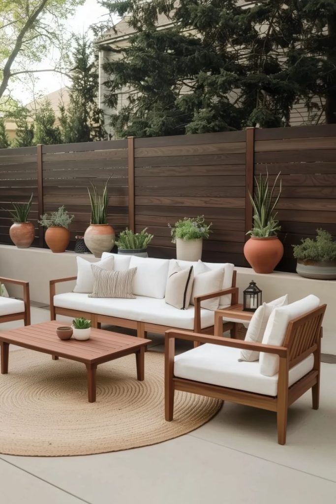 Outdoor seating area with wooden furniture, white cushions, a round rug and potted plants. A wooden fence and trees can be seen in the background.