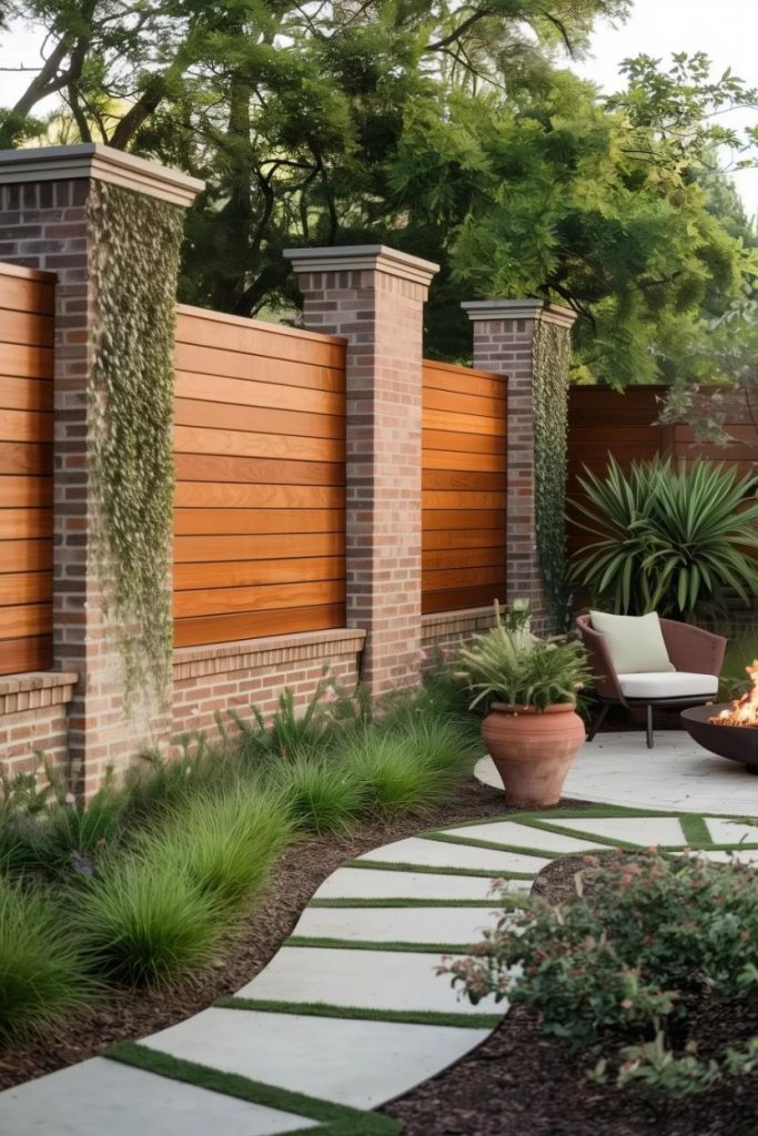 A garden features a paved walkway, potted plants, a chair and a fire pit bordered by a tall brick and wood fence decorated with vines.