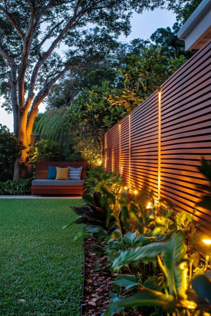 Backyard garden with wooden fence illuminated by ground lights. Padded seating area surrounded by lush greenery.