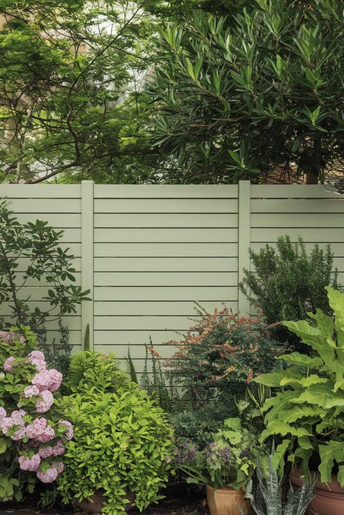 A green wooden fence is surrounded by lush foliage, including hydrangeas and various leafy plants.