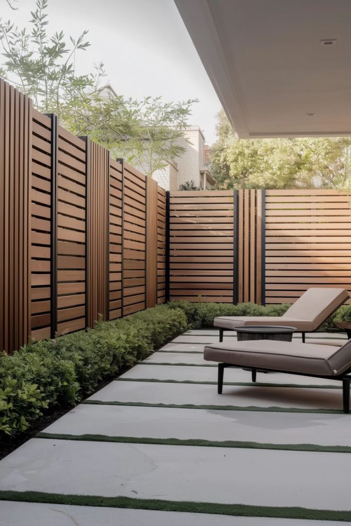 Modern terrace with wooden privacy fence, two deck chairs and minimalist design. The floor consists of large stone slabs with strips of grass in between, surrounded by greenery.