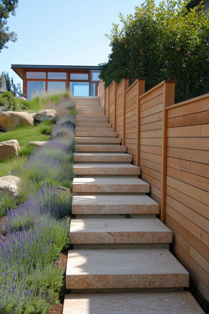 Stone steps lead to a modern house with a wooden fence on one side and purple flowers on the other.