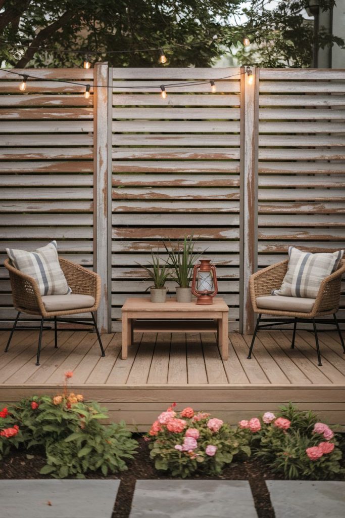 Cozy terrace with two wicker chairs, a wooden table, potted plants and fairy lights. Flowerbed with pink flowers in the foreground.