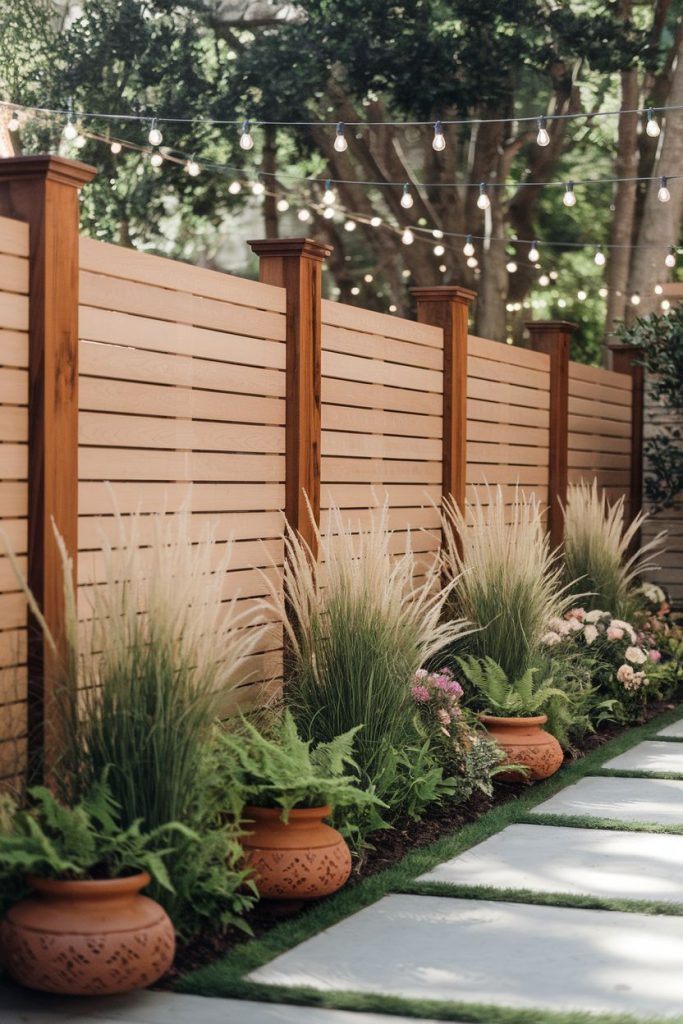 A garden with potted plants, ornamental grasses and ferns lines a wooden fence, with fairy lights hanging above and stepping stones on the ground.