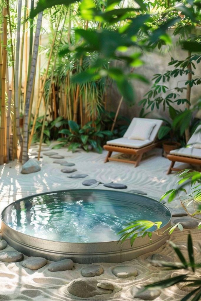 A tranquil garden oasis with a round plunge pool surrounded by bamboo, greenery and two lounge chairs.