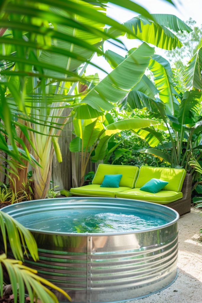 A storage pool with a green lounge sofa amidst lush tropical vegetation.