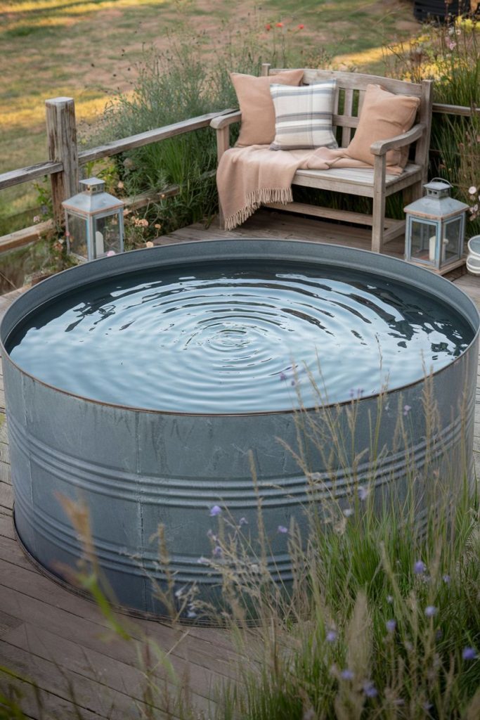 A rustic outdoor setting with a round metal storage tank filled with water next to a wooden armchair with cushions and throw.