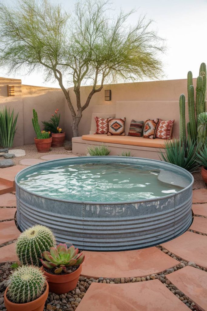 Desert patio with circular storage basin, cacti and a bench with patterned cushions under a tree.