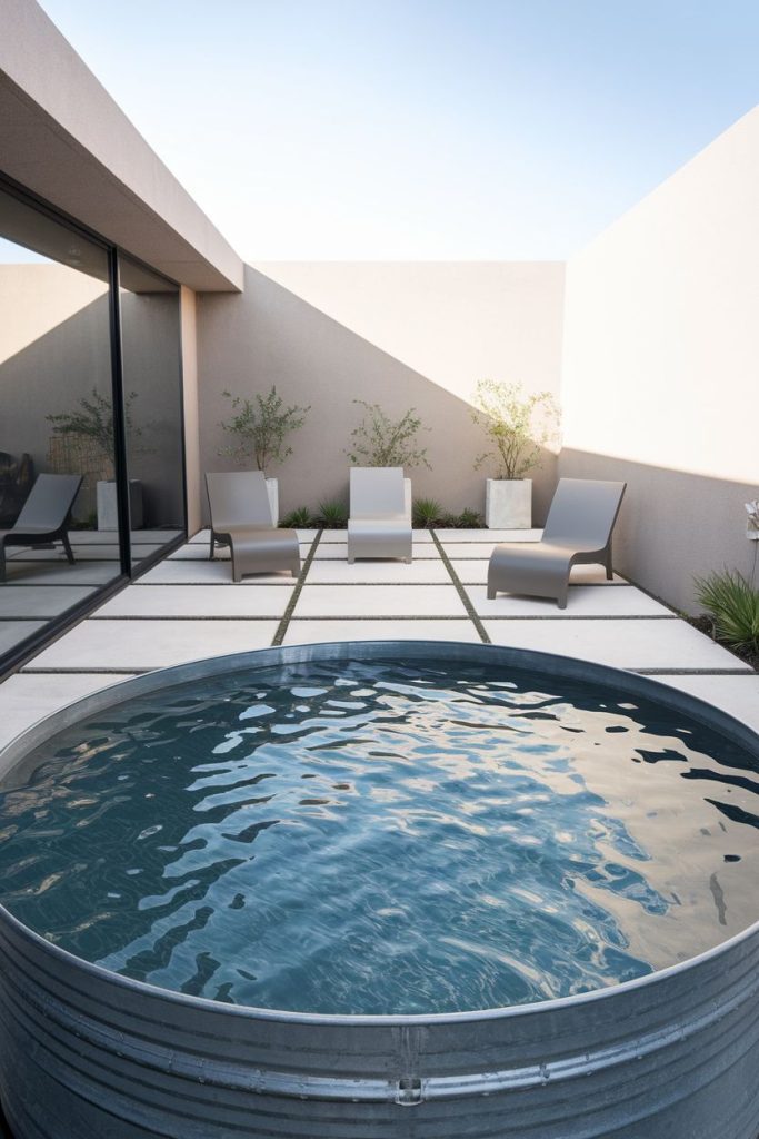 Modern outdoor patio with chairs and a small round storage basin surrounded by minimalist walls.