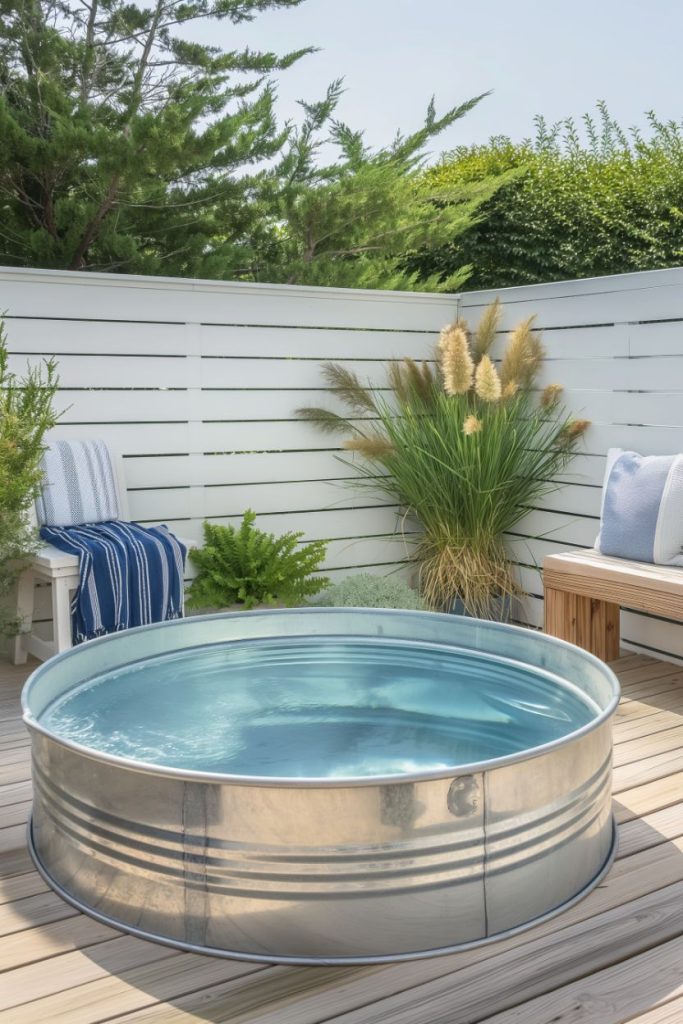 A round metal storage tank on a wooden patio surrounded by plants and a white fence.