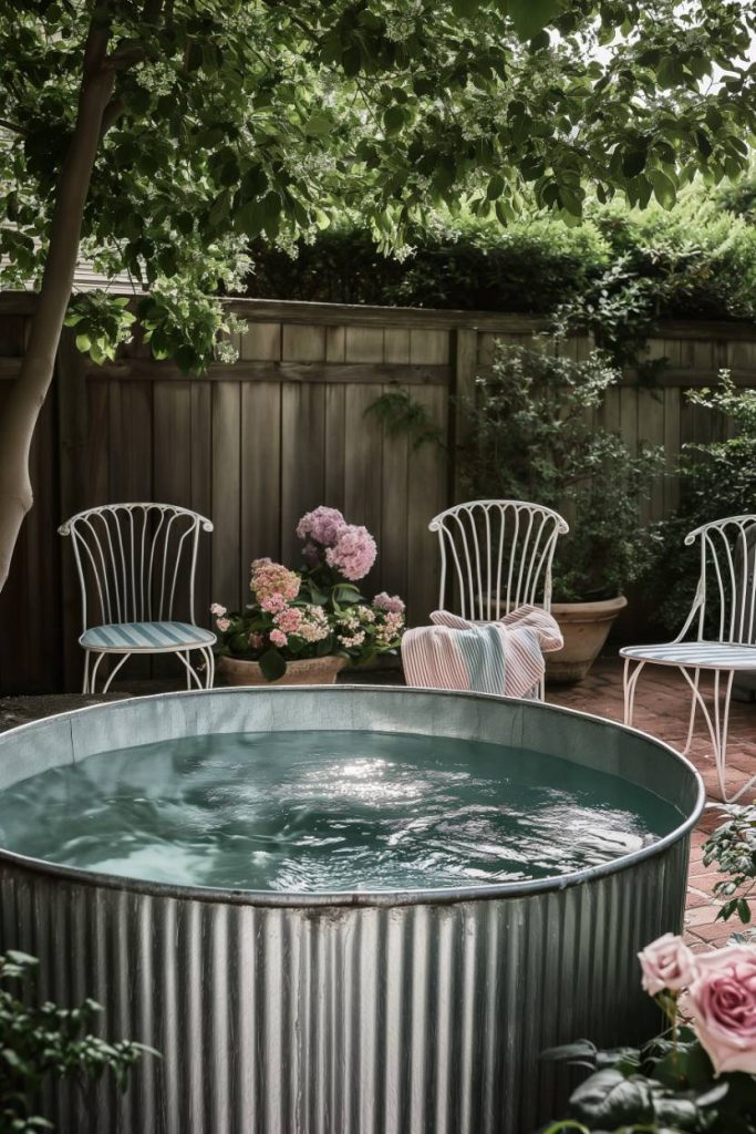 Cozy garden with a round metal storage basin, striped chairs and flowering hydrangeas.