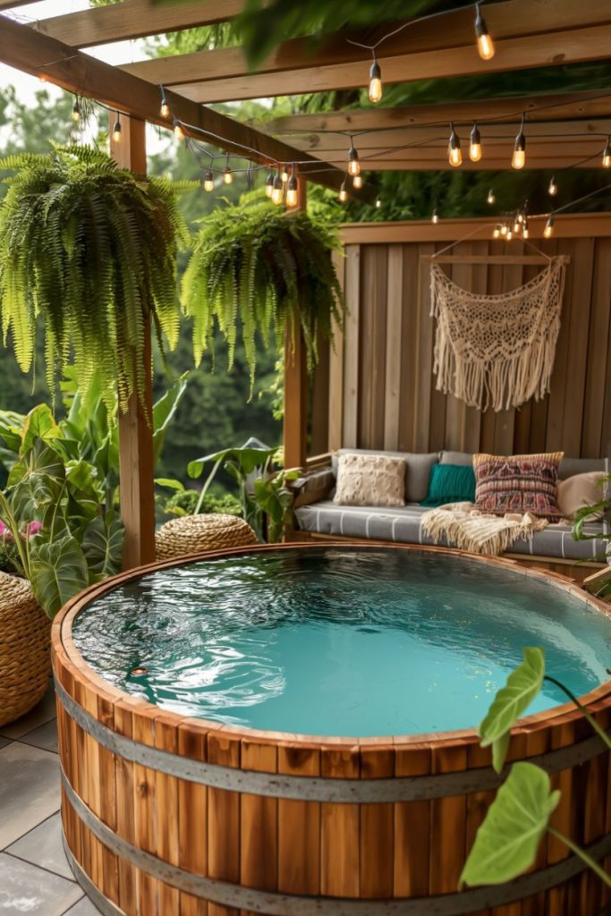 Storage tank basin on a patio with hanging plants, fairy lights and a cozy seating area.