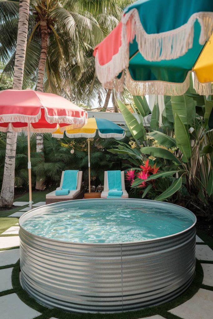 Colorful parasols near a storage pool with two lounge chairs in a tropical setting.