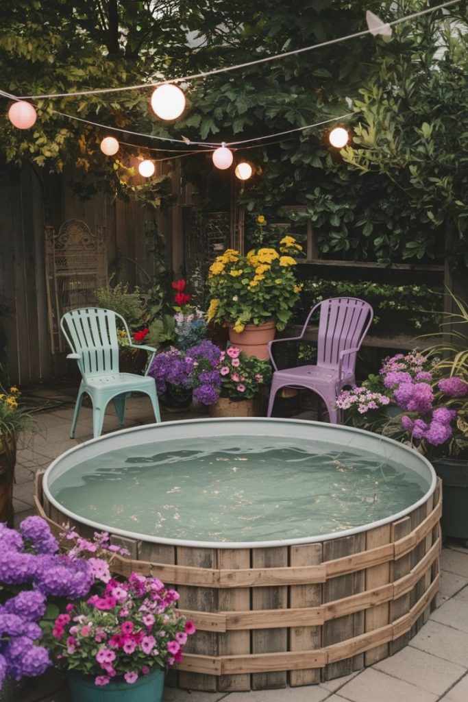 Cozy garden with fairy lights, colorful flowers and a tank basin.