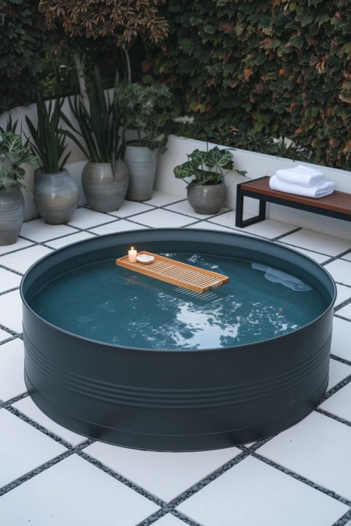 Round storage tank with wooden tray and candle surrounded by potted plants and towels on a bench.