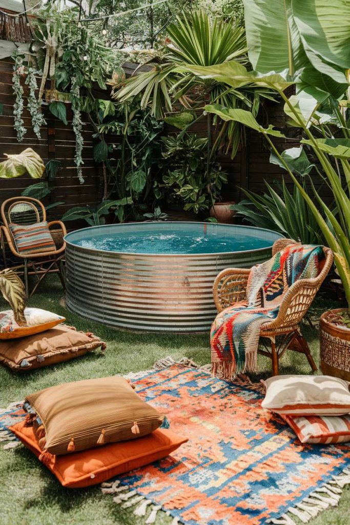 Bohemian style garden with round metal pool, colorful carpet, cushions and lush greenery.