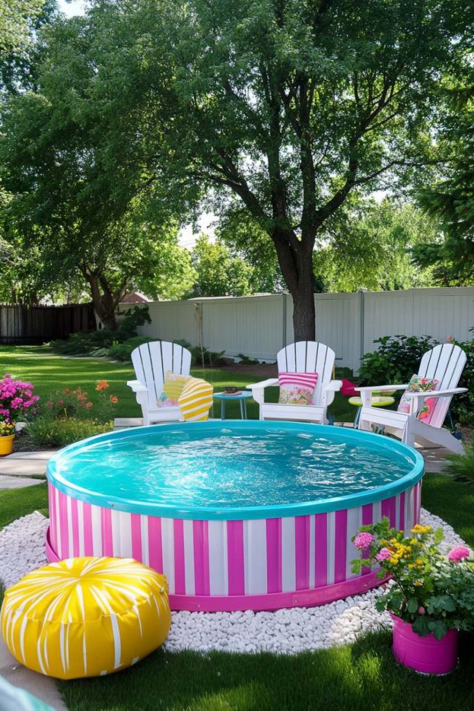 Colorful backyard with a pink and white striped storage basin, white chairs and bright flowers.