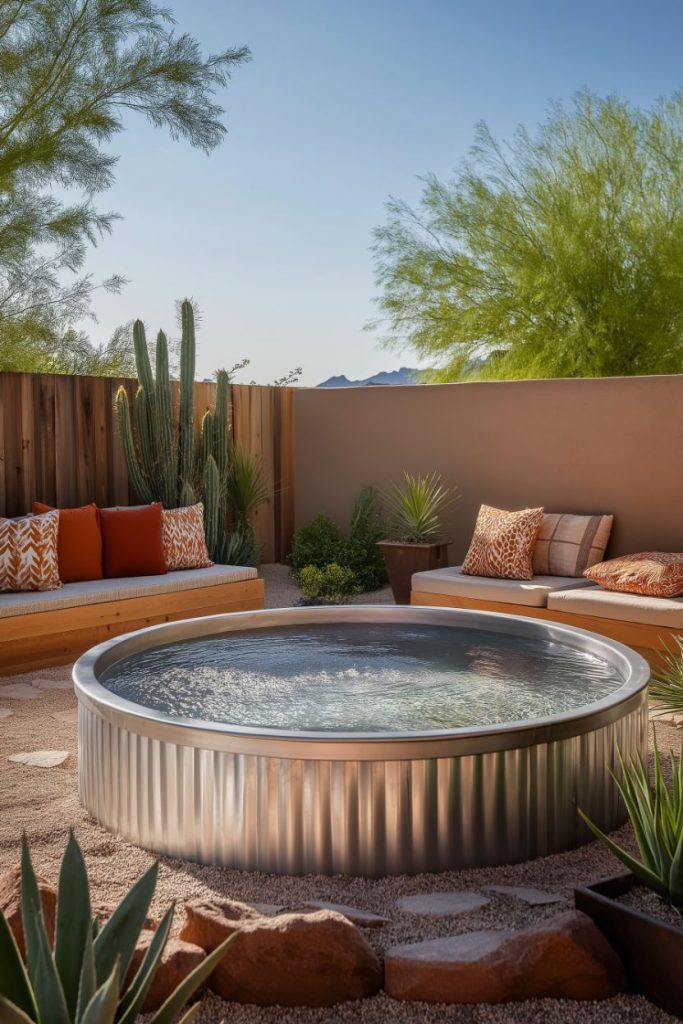 A stock tank with padded seats and desert plants in a tranquil backyard setting.