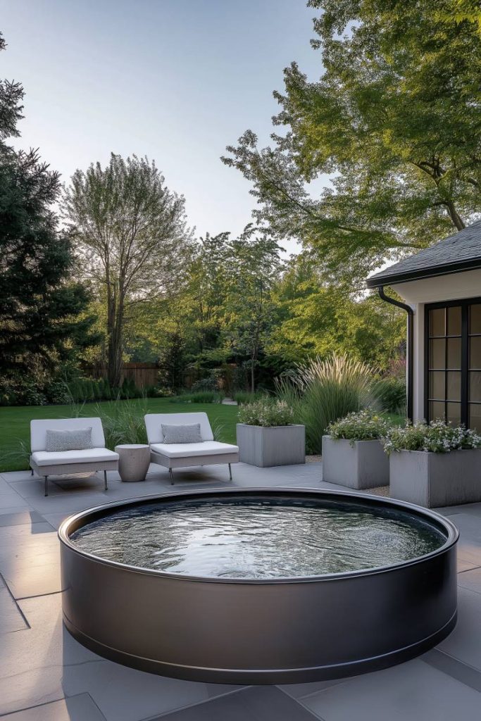 Elegant outdoor space with circular storage sink, modern seating and lush greenery.