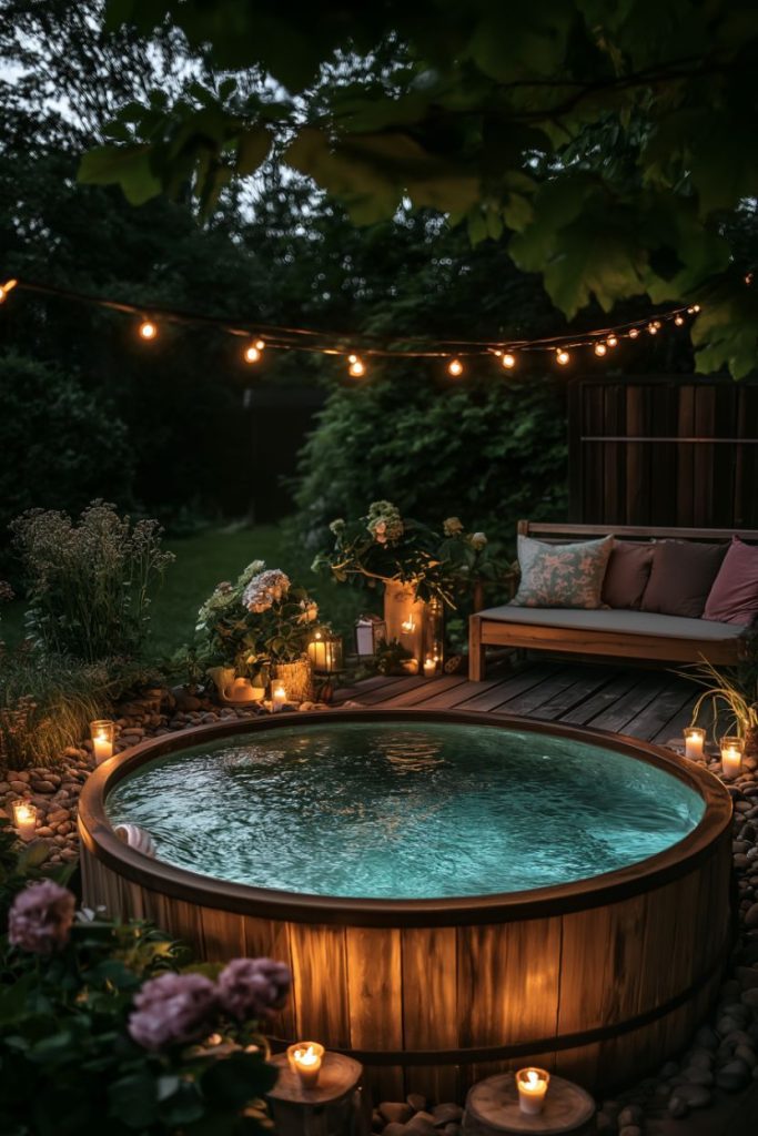 Cozy backyard with storage basin, fairy lights, candles, flowers and a bench at dusk.