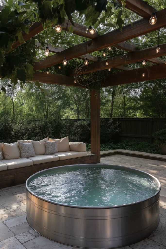 A storage tank basin under a pergola with fairy lights, next to a cushioned bench.