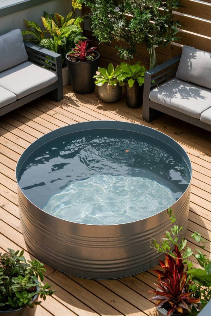 A storage basin on a wooden terrace surrounded by lounge furniture and potted plants.