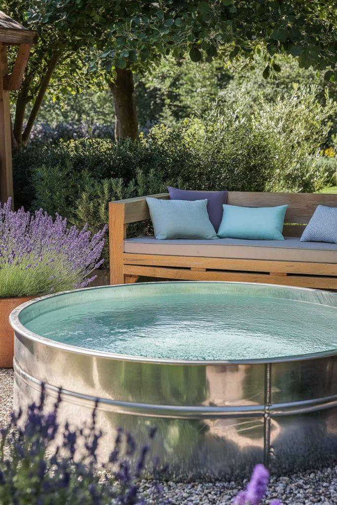 A tranquil garden with a round metal pool and wooden bench surrounded by lavender.