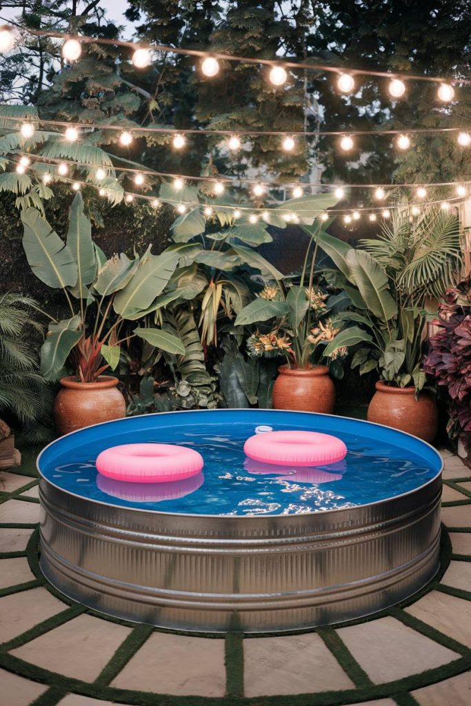 A cozy outdoor area with fairy lights, lush plants and a storage pool with two pink floats.