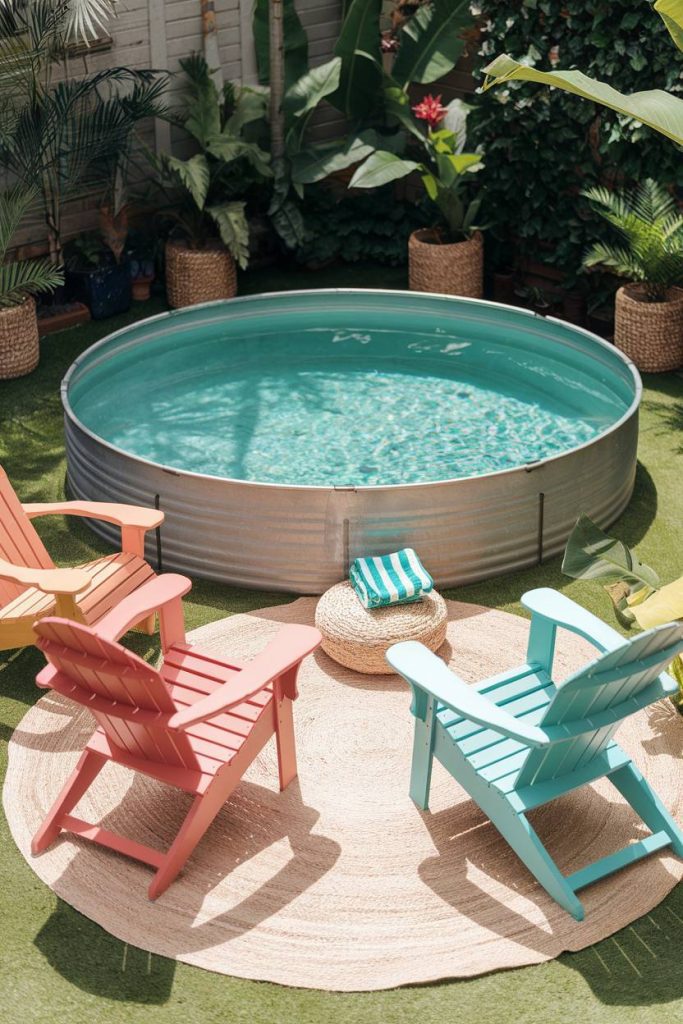 Storage basin with colorful chairs on woven mat and grass surrounded by lush plants.