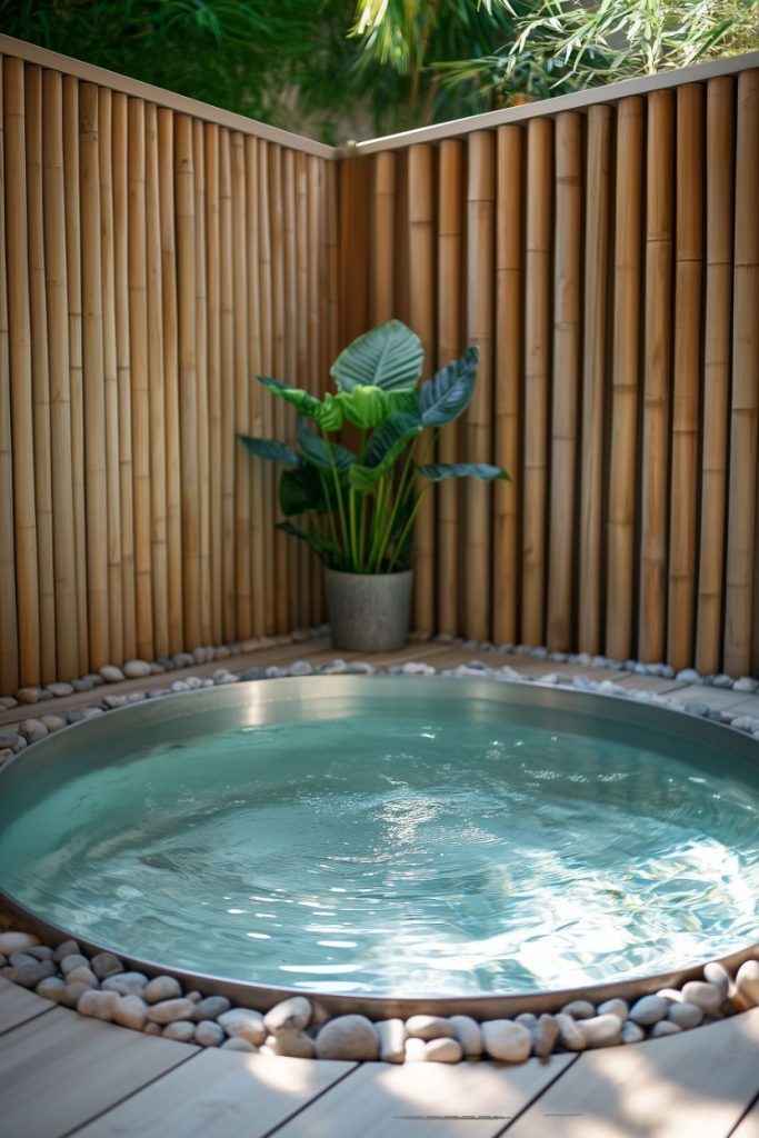 A tranquil outdoor pool surrounded by bamboo walls and a potted plant.