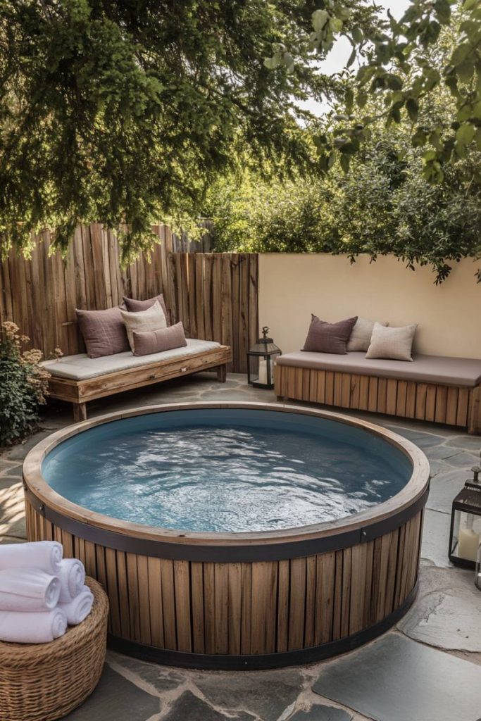 A cozy outdoor area with a round wooden slatted pool, benches, cushions and a lantern.