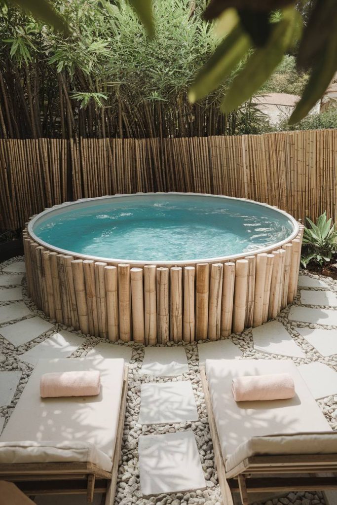 A storage tank pool with a bamboo surround and lounge chairs nearby on a gravel patio.